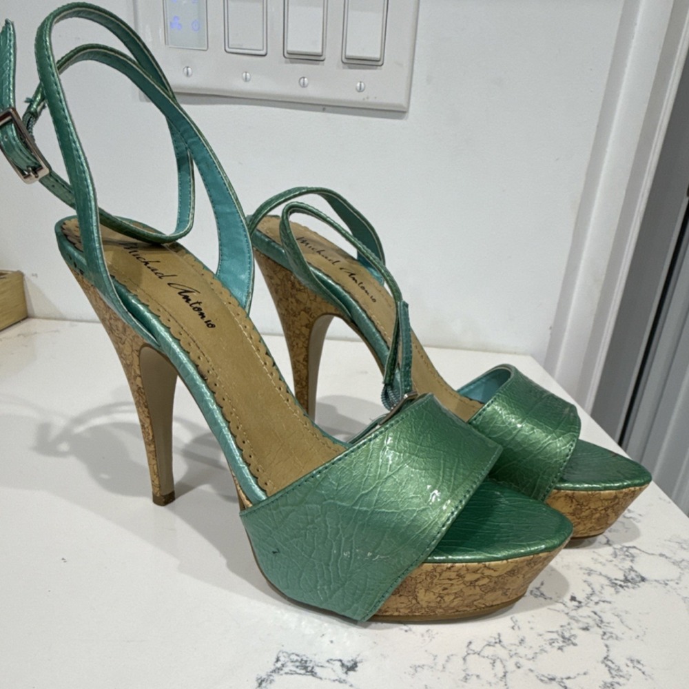Michael Antonio  Green Ankle Strap Platform Stiletto Heels Open Toe Women's 6